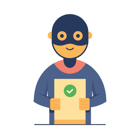 Cartoon character in mask holding a document with a green check markのイラスト素材