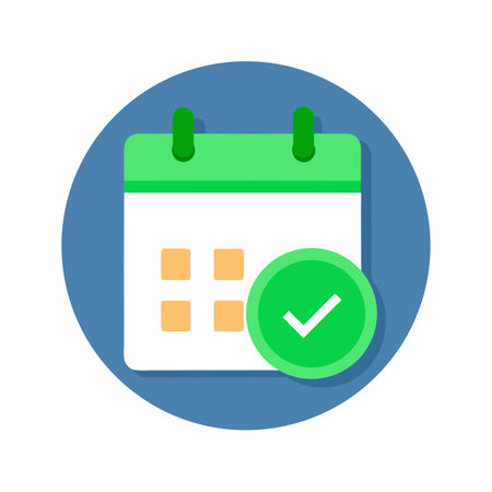 Calendar icon with check mark inside a blue circle background indicating task completeのイラスト素材