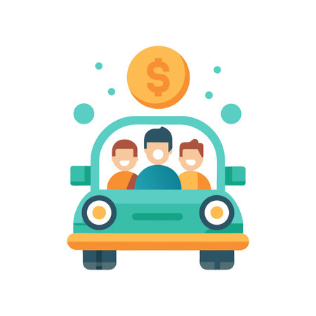 Car sharing concept with passengers and dollar coin, illustrating collective investment or ride serviceのイラスト素材
