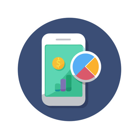 Mobile financial analysis showcasing growth with charts and coin inside a circle graphic element.のイラスト素材