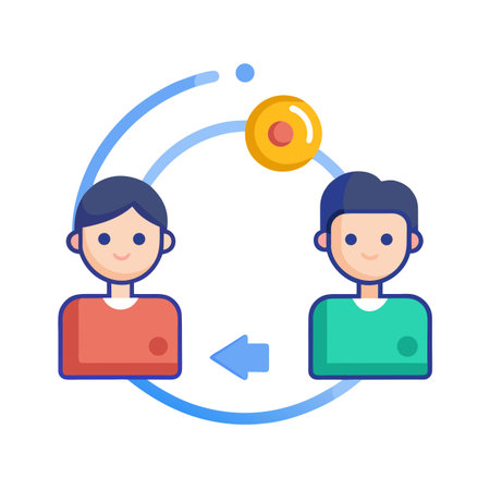 Person-to-person interaction flat illustration depicting transfer of information or ideas via blue circular arrowのイラスト素材