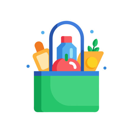 Flat vector illustration of a shopping bag full of groceries on a white backgroundのイラスト素材