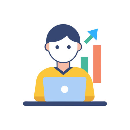 Flat Design Illustration of a Businessman Working with Statistics on a Laptopのイラスト素材