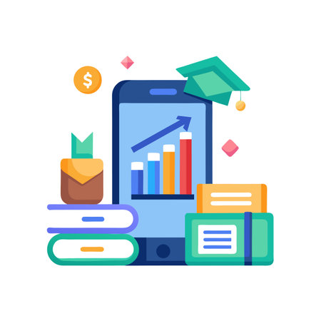 Online education and investment growth represented by stack of books, smartphone, and upward trending graphsのイラスト素材