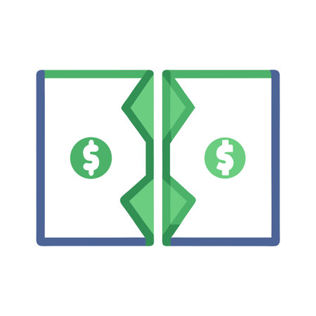 Divided finances icon depicting two separate pages with dollar signs and green arrow splitのイラスト素材
