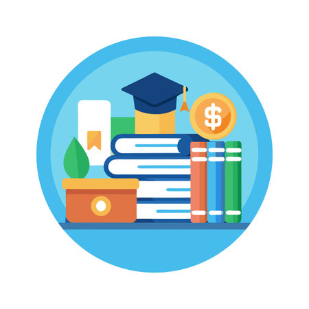 Education funding concept with graduation cap books and a dollar coin, isolated round designのイラスト素材