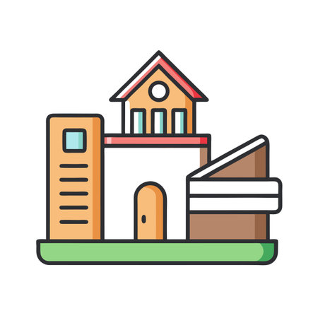 Colorful cartoon style building icon with geometric shapes and architectural design elementsのイラスト素材