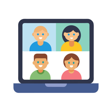 Four people on a video call on a laptop computer screen, flat vector art.のイラスト素材