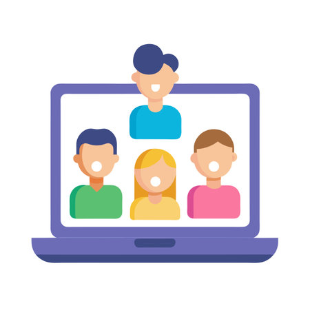 Online Meeting Vector Illustration Featuring People on a Laptop Screenのイラスト素材
