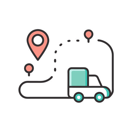 Delivery Truck Route Illustration with Pink Destination Markers on White Backgroundのイラスト素材