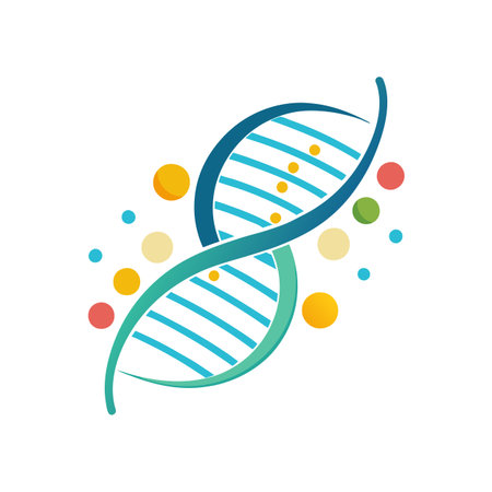 Colorful DNA Strand with Floating Spheres, Scientific Graphic, Flat Designのイラスト素材