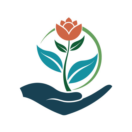 Hand cradling a rose with circle background symbolising care and natureのイラスト素材
