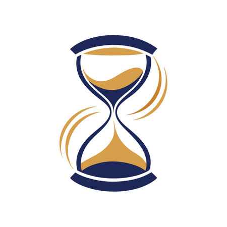 Stylized hourglass icon in blue and gold, depicting time flow with dynamic curves.