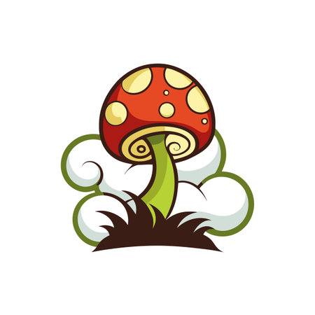 Stylized Toadstool Mushroom Illustration with Decorative Clouds, Perfect for Children's Designsのイラスト素材