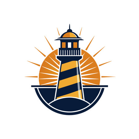 Nautical Lighthouse Icon Graphic with Stripes and Sunburst Background for Coastal Designsのイラスト素材