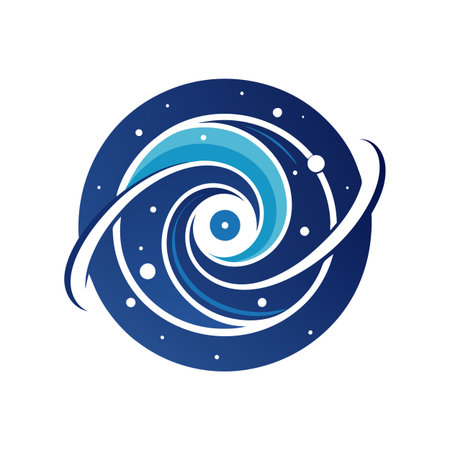 Abstract circular galaxy illustration with spiral elements in shades of blue on whiteのイラスト素材
