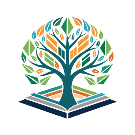 Colorful Geometric Tree on Book Represents Knowledge, Growth and Education Conceptのイラスト素材
