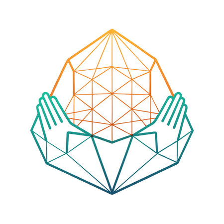 Abstract Geometric Hands Holding a Crystalline Structure Symbolizing Protection and Futureのイラスト素材