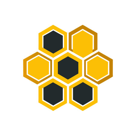 Honeycomb Pattern: Graphic design featuring yellow and black hexagonal cells on a white backgroundのイラスト素材