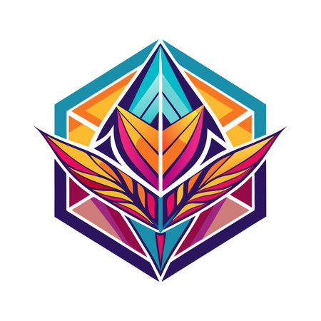 Abstract Geometric Floral Design with Vivid Colors and a Hexagonal Frameのイラスト素材