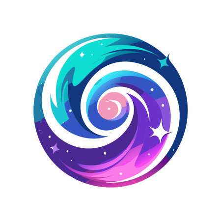 Abstract circular design with flowing cosmic elements and stylized stars on white background.のイラスト素材