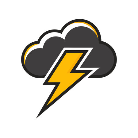 Stylized storm cloud with bright yellow lightning bolt striking downwards on a white backdropのイラスト素材