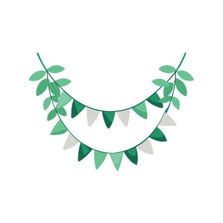 Delicate Green Garland with Triangle Flags and Leafy Vines on White Backgroundのイラスト素材