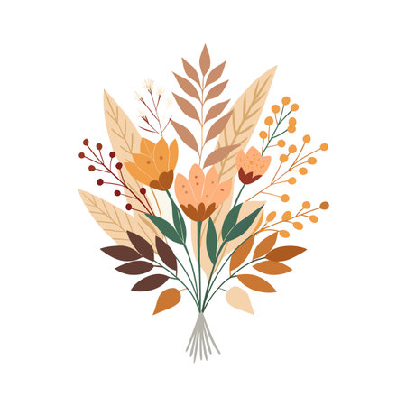 Autumn floral bouquet with flowers and leaves in warm earthy tones, flat design styleのイラスト素材