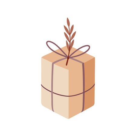 Minimalist Gift Box with Twine and Leaf Branch Decoration for Holiday Presentsのイラスト素材