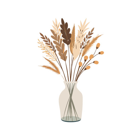 Pampas grass and dried floral arrangement in a clear glass vase on white backgroundのイラスト素材