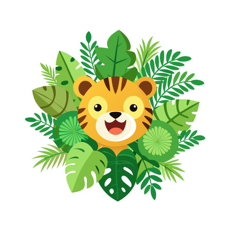 Cute tiger character amidst jungle leaves in a flat vector design.のイラスト素材