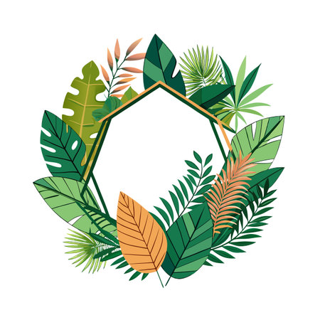 Geometric frame surrounded by tropical leaves on white background suitable for text overlayのイラスト素材