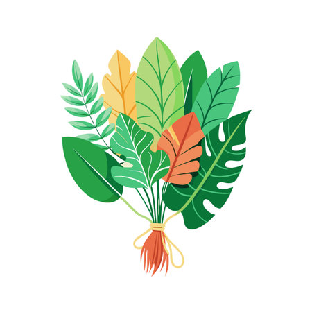 Tropical Foliage Bouquet Illustration: Colorful Leaves Tied with Raffia on White Backgroundのイラスト素材