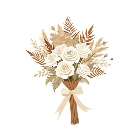 Elegant floral bouquet with white roses and decorative foliage on a white backgroundのイラスト素材