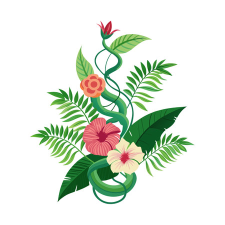 Tropical floral arrangement with vibrant blossoms and winding vines against a white backgroundのイラスト素材