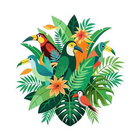 Tropical vector illustration with toucans, parrots, flowers and leaves.のイラスト素材