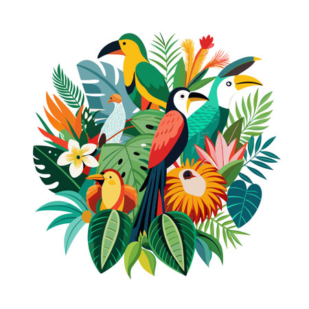 Tropical Birds and Foliage Composition with Toucans, Flowers, and Palm Leavesのイラスト素材