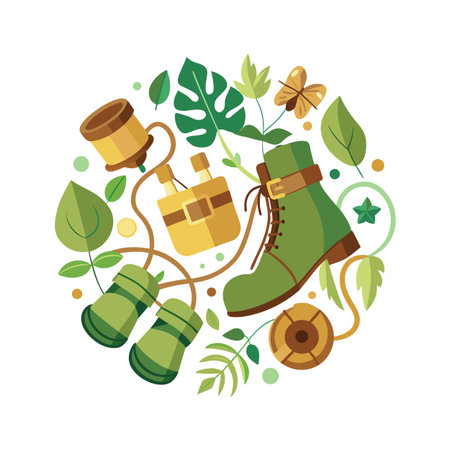 Vintage camping gear and nature elements in a circular layout on a white backgroundのイラスト素材