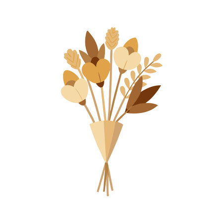 Stylish bouquet of flowers and foliage in brown paper wrap, flat design on whiteのイラスト素材