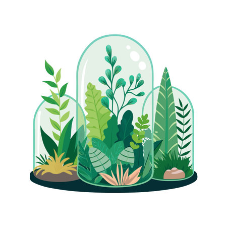 Vector illustration of three stylized terrariums with varied shapes and shades of green plants insideのイラスト素材