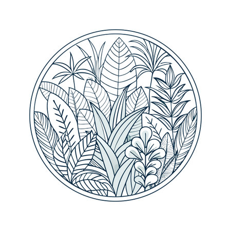Circular illustration of tropical plants and leaves in a blue line art styleのイラスト素材
