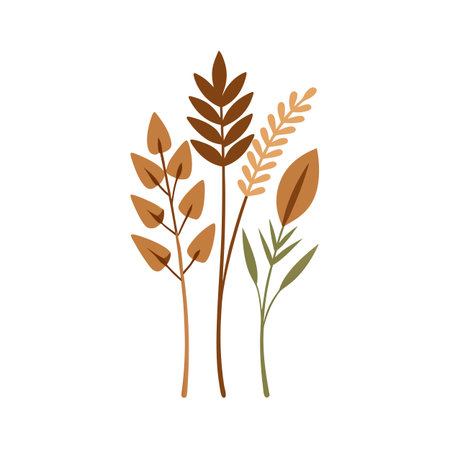 Abstract botanical illustration with earthy tones featuring stylized leaf and branch shapes on a white backgroundのイラスト素材