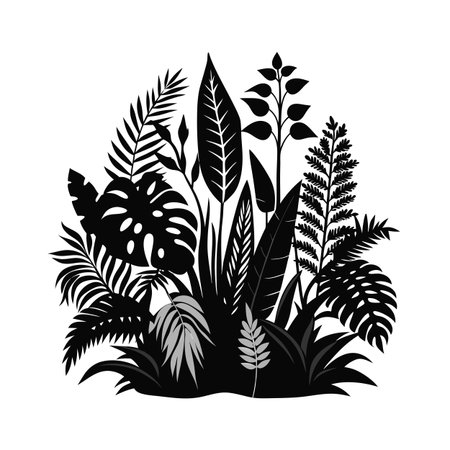 Tropical plant silhouettes featuring various exotic leaves and fronds in a monochrome illustrationのイラスト素材