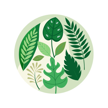 Collection of flat stylized leaves in circle for botanical themes and spring designs