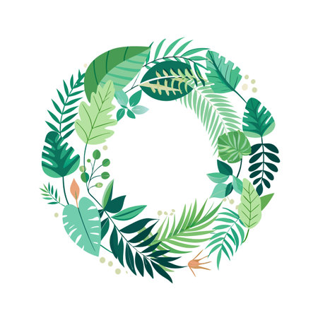 Tropical Leaves Wreath Vector Illustration with Vibrant Greens and Botanical Accentsのイラスト素材