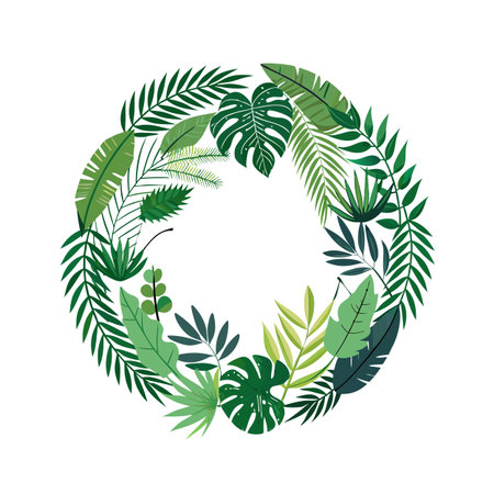 Tropical Foliage Wreath with Empty Center, Green Leaves on White Background for Designのイラスト素材
