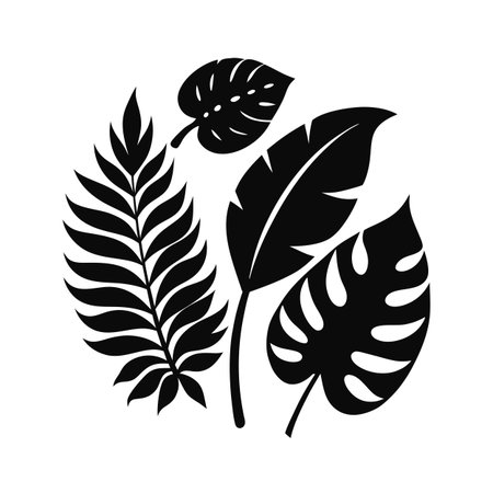 Monochrome Tropical Leaves Arrangement: A graphic illustration of various leaves in a circular compositionのイラスト素材