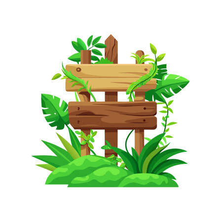 Wooden sign surrounded by tropical vegetation, perfect for natural themed designsのイラスト素材