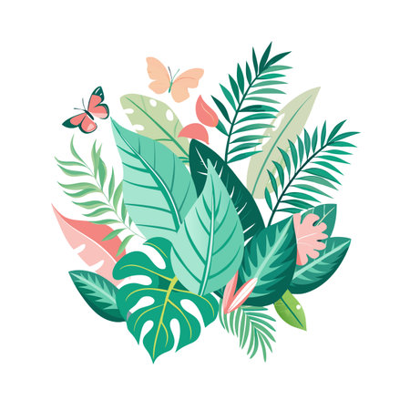 Tropical leaves and butterflies illustration for summer designs with modern and vibrant colorsのイラスト素材