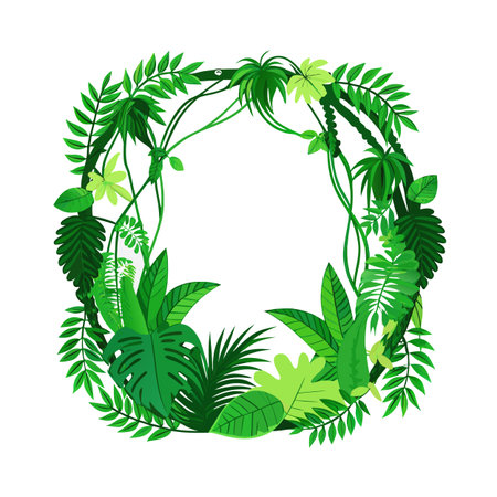 Tropical Leaves Frame with Vines and Exotic Greenery Illustration on White Backgroundのイラスト素材